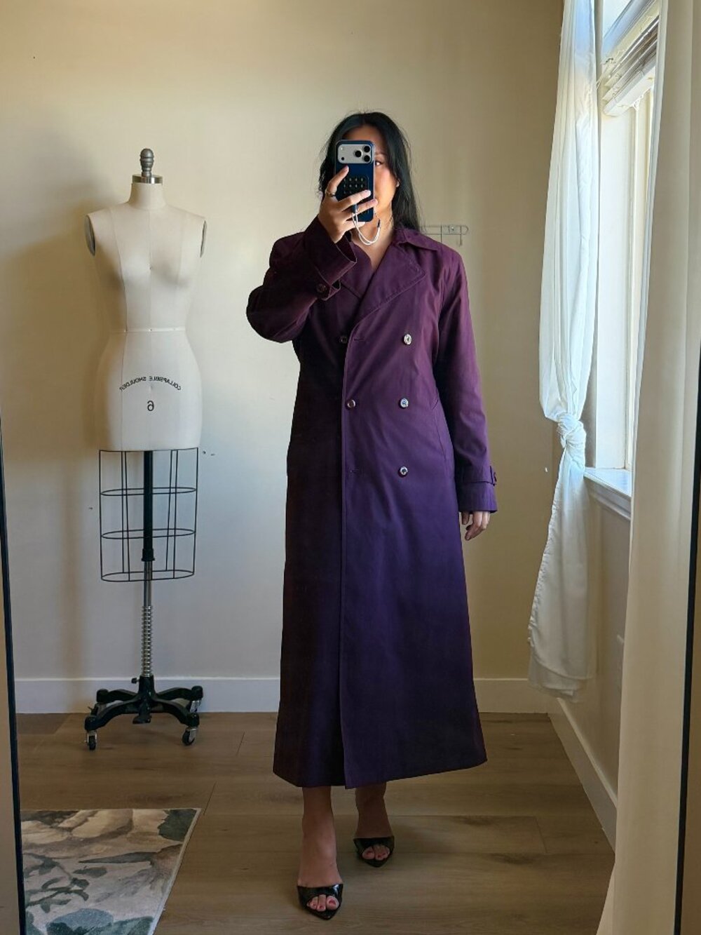 Dark Purple Duster Trench Coat | Vintage Long Gallery Coat | Double Breasted | 8